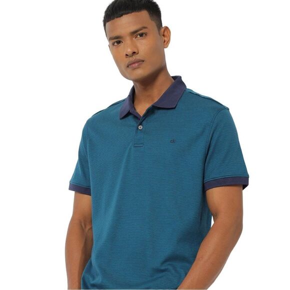 Calvin Klein Teal Navy Thin Stripes Liquid Touch Cotton Polo Shirt - Picture 1 of 10